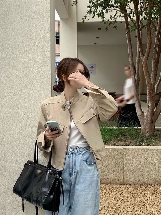 美拉德卡其色休闲圆领外套小个子女甜酷风机车服短款夹克上衣L279