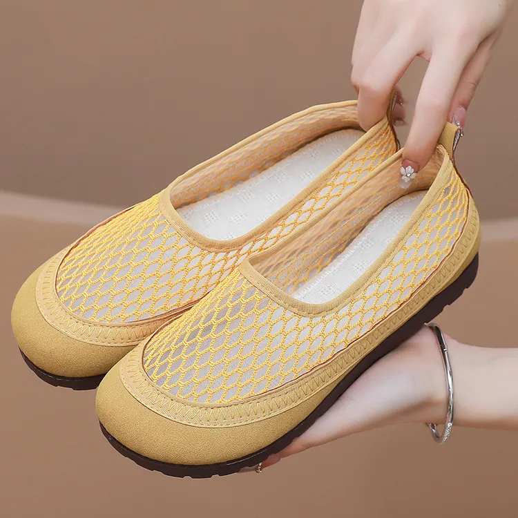 女鞋2025夏季新款平底鞋网纱透气软底妈妈鞋休闲舒适浅口韩版鞋子