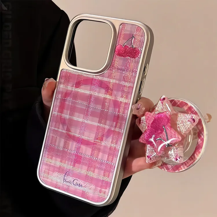 格纹鎏金磁吸适用苹果16手机壳iphone15promax女新款14轻奢高级感