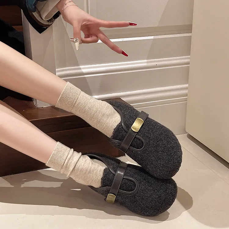 毛呢毛毛鞋女加厚底外穿秋冬季加绒棉鞋平软底保暖玛丽珍豆豆鞋
