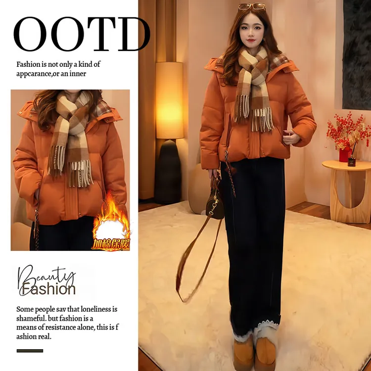 高级感慵懒宽松棉服女2025冬季加棉加厚连帽收腰拉链保暖短款外套