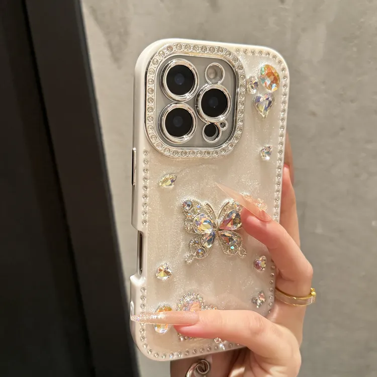 全包水钻边奶油立体蝴蝶适用苹果16promax手机壳iPhone15promax女
