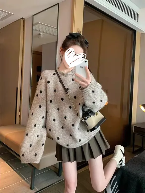 韩系慵懒风波点套头针织衫女秋冬新款时尚宽松休闲加厚内搭毛衣潮
