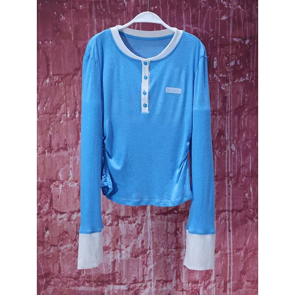 【韩哥女装】夏季天蓝色轻薄上衣撞色拼接时尚休闲冰凉感皮肤衣8713