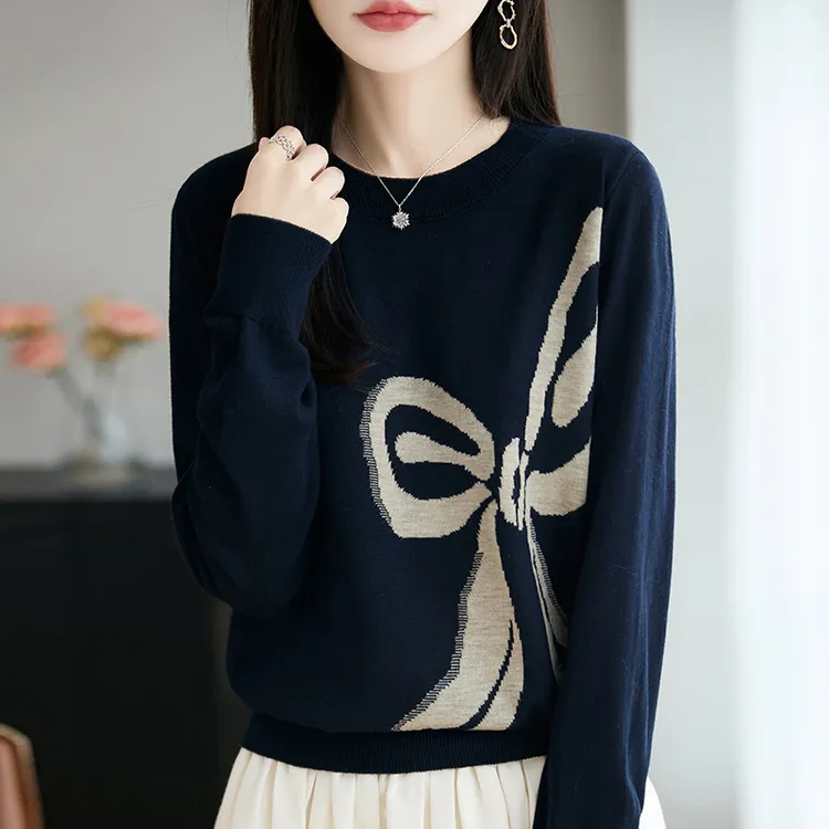 秋装大码蝴蝶结上衣女宽松显瘦薄款毛衣洋气百搭春秋款针织打底衫