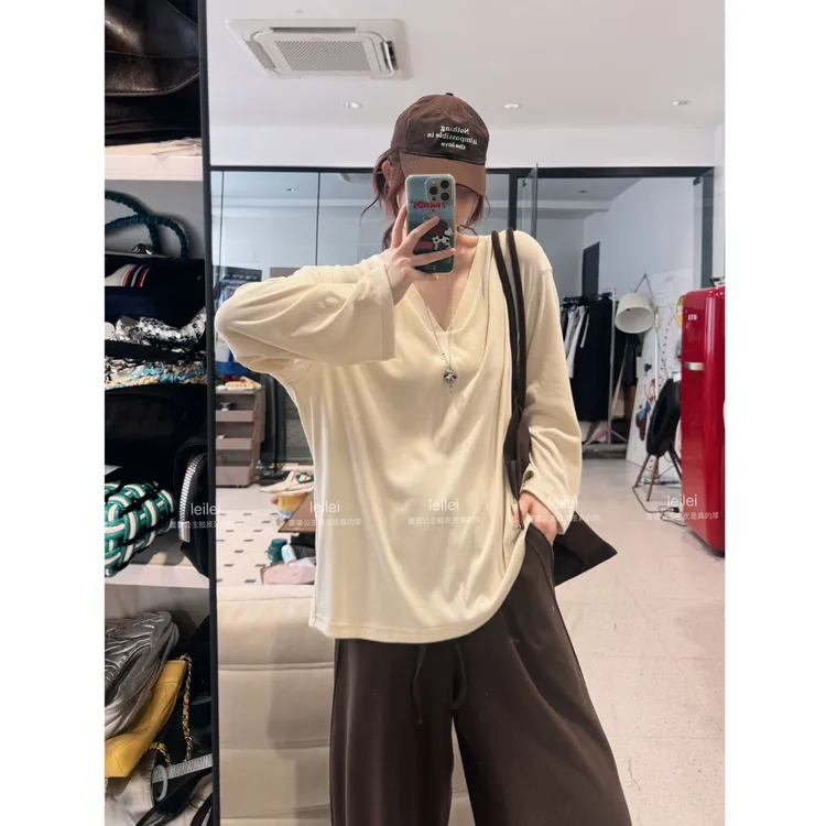 晶咕【悦己至上】韩系软糯宽松V领长袖上衣