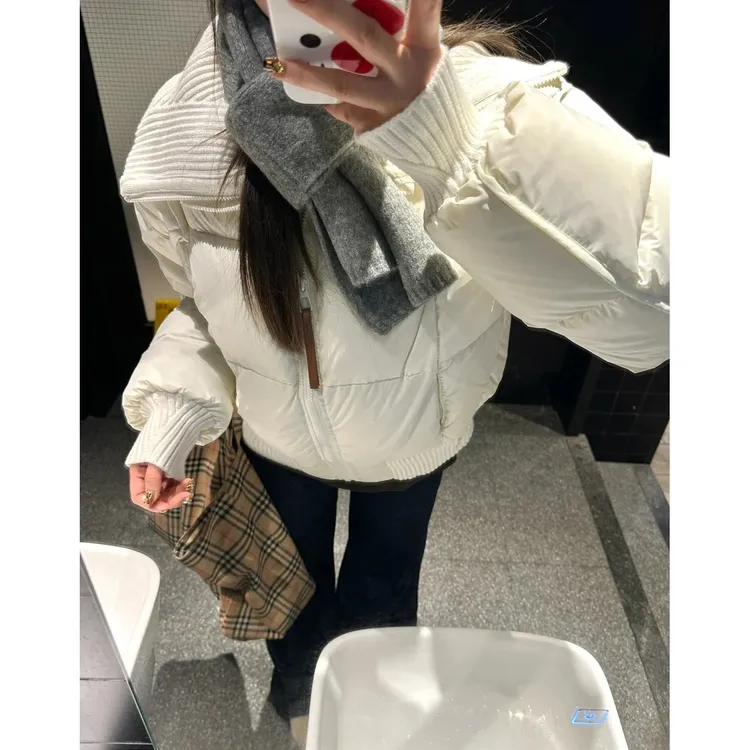 INS CEC高级感白色针织拼接短款棉服女冬季新款百搭保暖棉衣外套