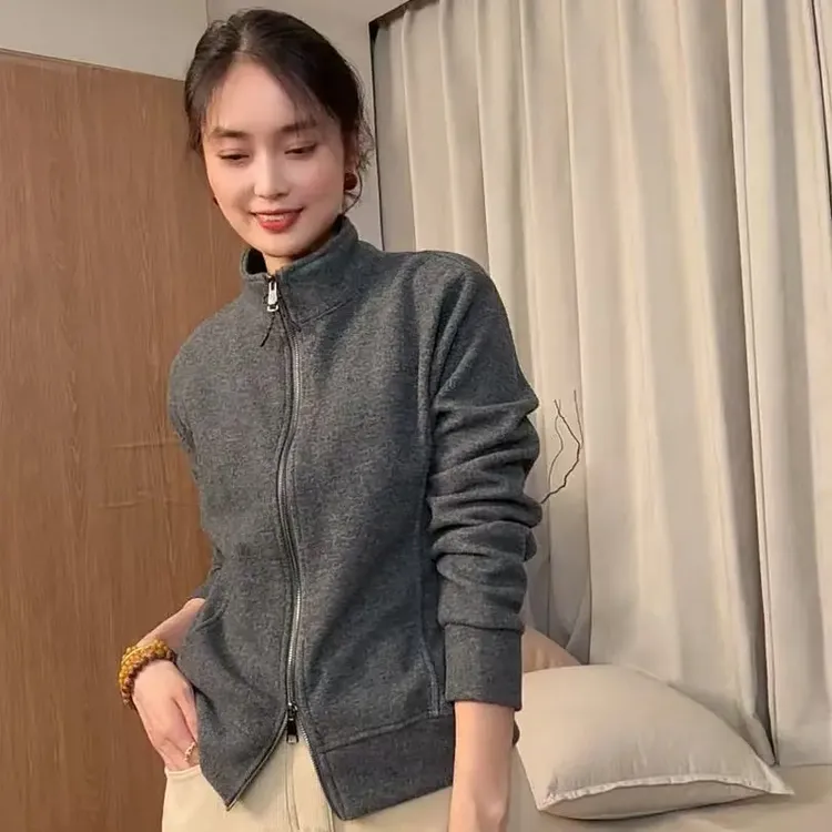 31063-休闲风女拉链长袖立领短外套高领运动时尚灰色百搭休闲