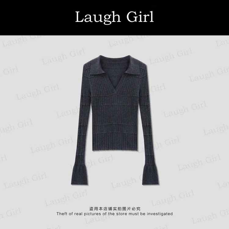 楚楚君 Laugh girl【温柔格调】翻领显瘦V领针织毛衣XL531066J