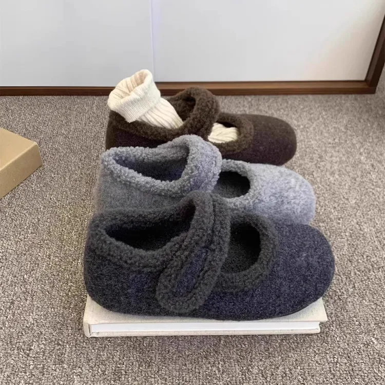 内增高厚底勃肯鞋女加绒灰色玛丽珍毛毛鞋女冬外穿韩版呢子棉鞋子