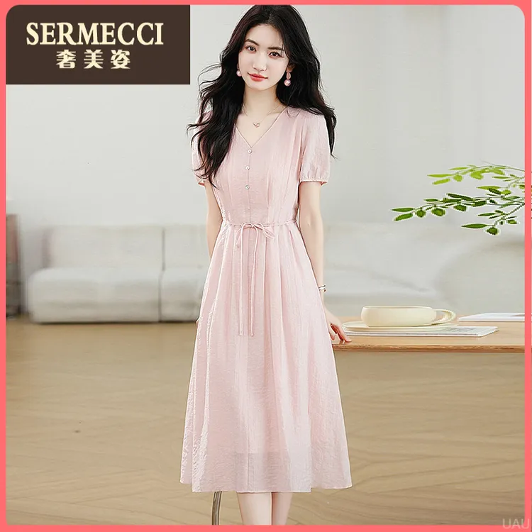 粉色短袖连衣裙夏季奢美姿上档次高级感V领2025收腰气质系带长裙