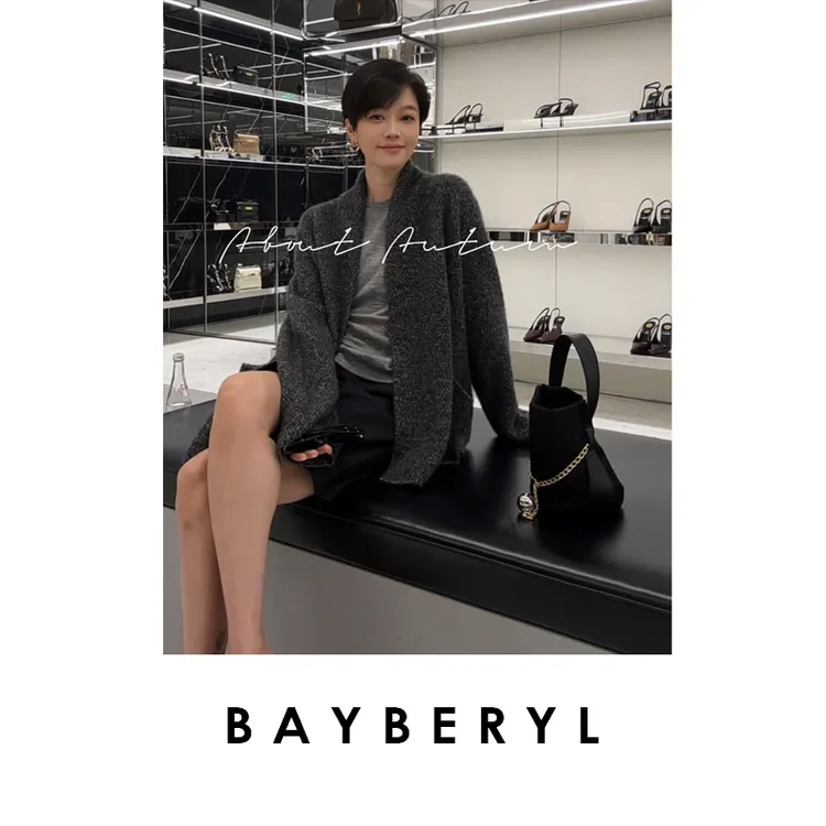 FF-BAYBERYL老贝伊斯*花纱丝羊绒松弛无领灰针织开衫ZZS5H0701