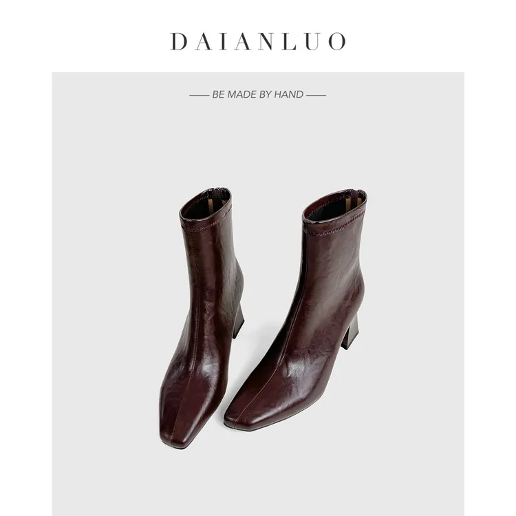 【跟高6cm】复古真皮瘦瘦靴方头显瘦秋冬新款高跟短靴粗跟弹力靴女