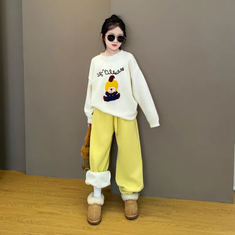 女童套装秋冬装2025新款韩版时尚洋气儿童毛衣休闲加绒长裤卫衣潮