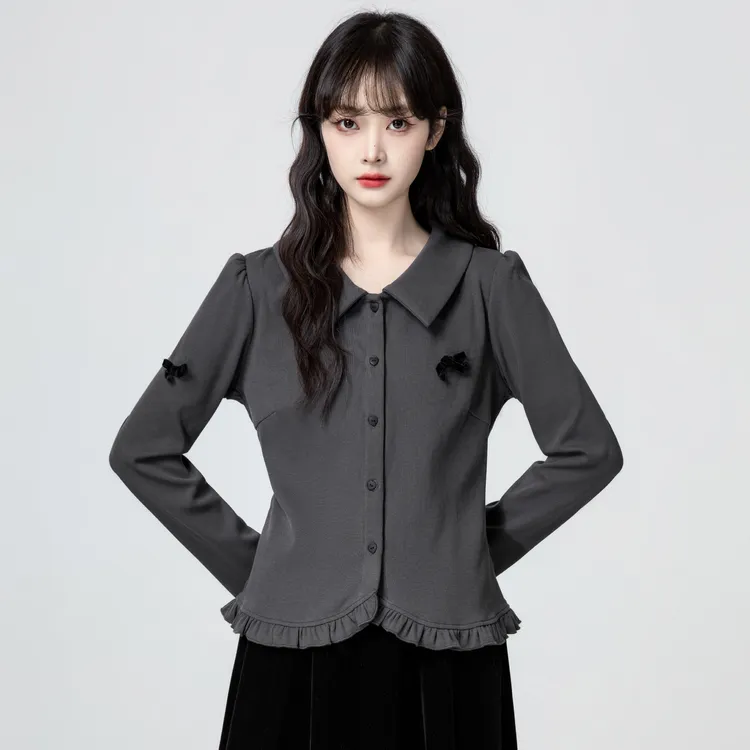 灰色POLO领长袖T恤女春秋2025秋季新款蝴蝶结荷叶边收腰短款上衣