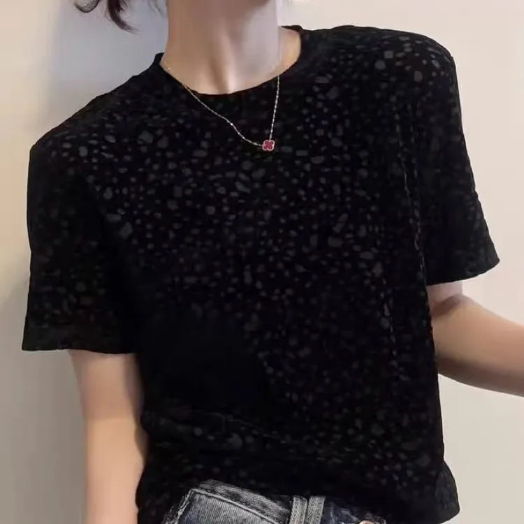 秋款女金丝绒中短T恤圆领打底衫内搭时尚修身印花