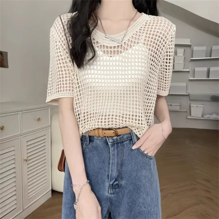 外搭罩衫夏季薄款镂空短袖恤女设计感网织冰丝针织防晒短款上衣