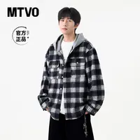 MTVO迈特优秋季新款长袖格子连帽衬衫潮流宽松港风连帽外套3969