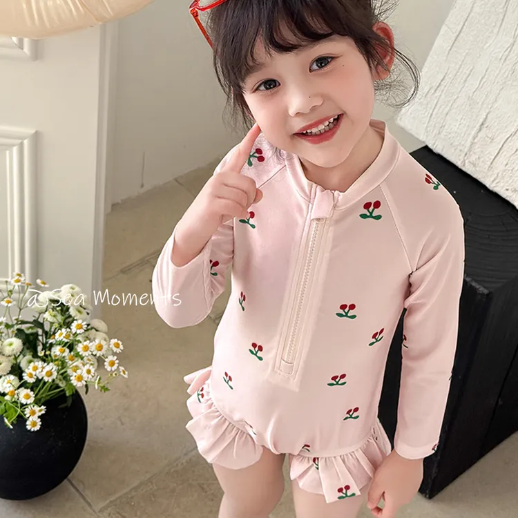 新款儿童泳衣女孩中小童洋气长袖公主风大童连体游泳衣宝宝泳装夏