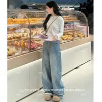 YOYO自制1【字母牛仔】加绒加厚冬款复合水貂绒显瘦阔腿拖地裤