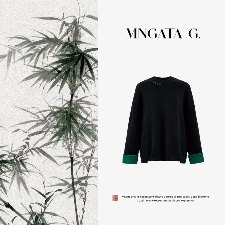 MNGATA G.宫小妍【中式暖绿】高克重绵羊毛新中式针织衫毛衣5061650
