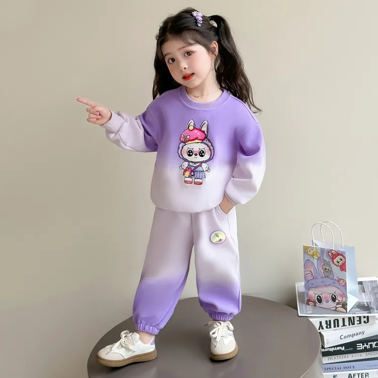 拉布布女童套装2025新款秋季运动长袖卫衣两件套儿童女孩亮灯衣服