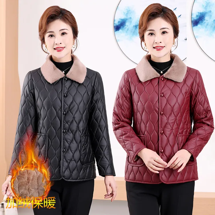 中老年女棉衣冬季加绒小皮衣小个子妈妈洋气宽松免洗棉服奶奶棉袄