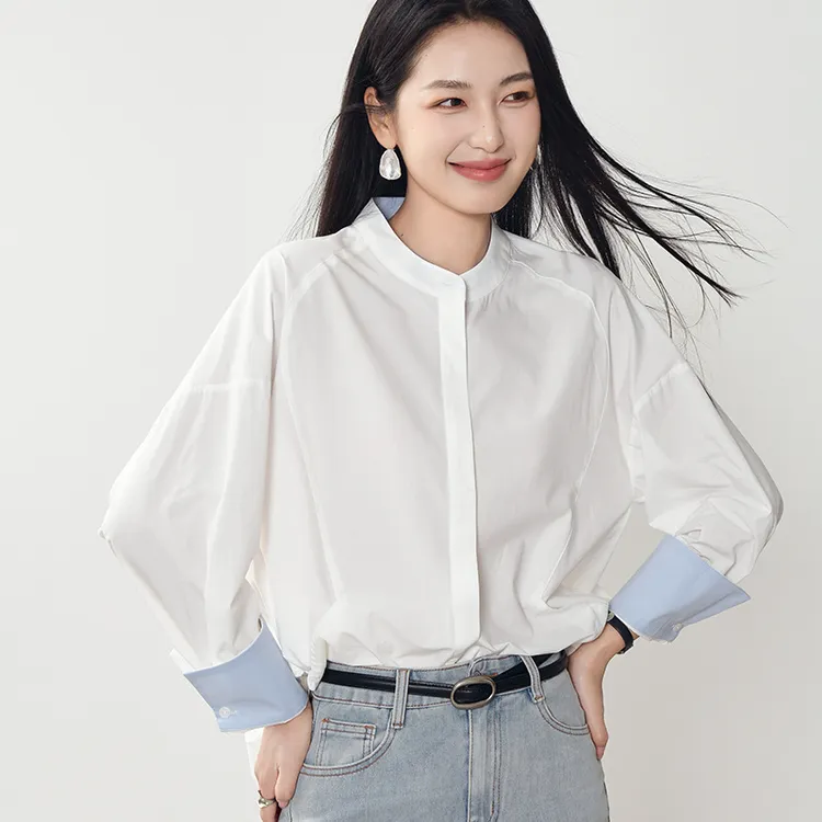 春季新款圆领拼接撞色衬衫棉质长袖衬衣宽松不规则休闲上衣女
