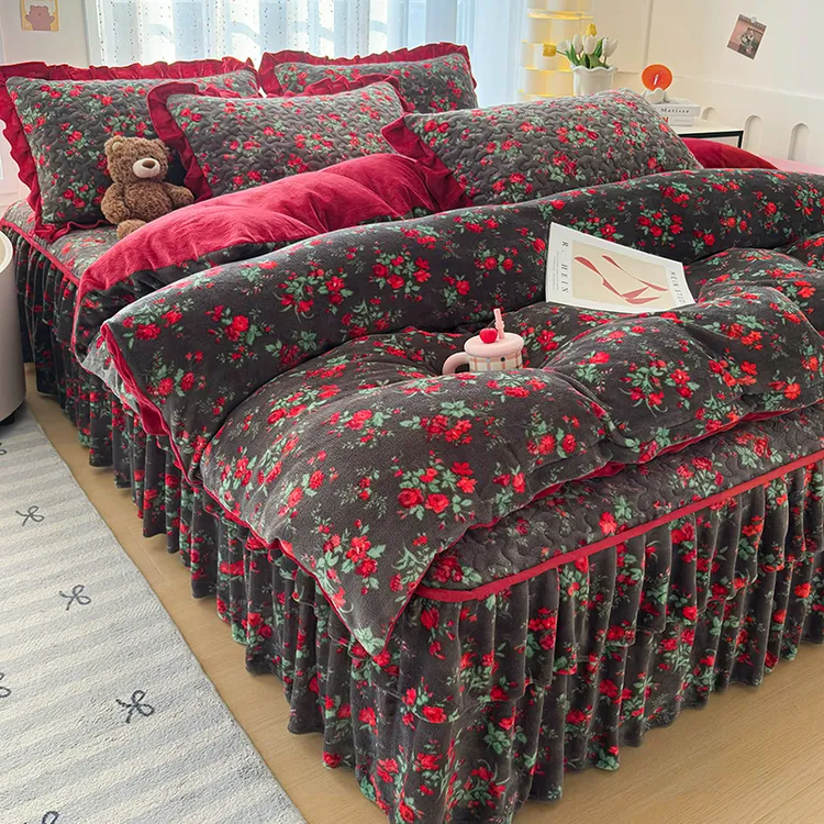 冬季夹棉加厚牛奶绒床裙四件套公主风双层花边床罩双面绒保暖套件