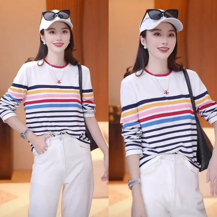 【小蜜蜂条纹】莱赛尔+桑蚕丝时尚显瘦蜜蜂圆领条纹针织衫XY253416