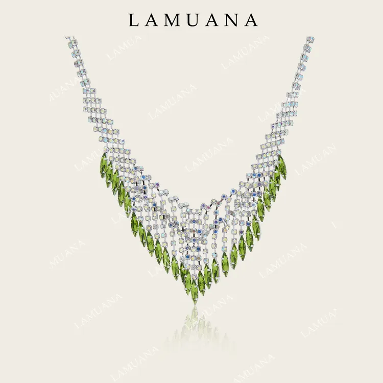 合金项链 LAMUANA绿色星芒瀑布流苏项链小众设计感爆闪颈链88415