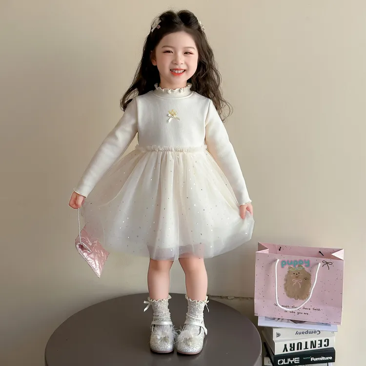 女童连衣裙秋冬高领加绒宝宝周岁礼服蓬蓬网纱裙子冬季儿童公主裙