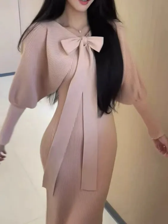 日系秋款女装甜美两穿灯笼袖绑带罩衫无袖针织连衣裙千金风女套装