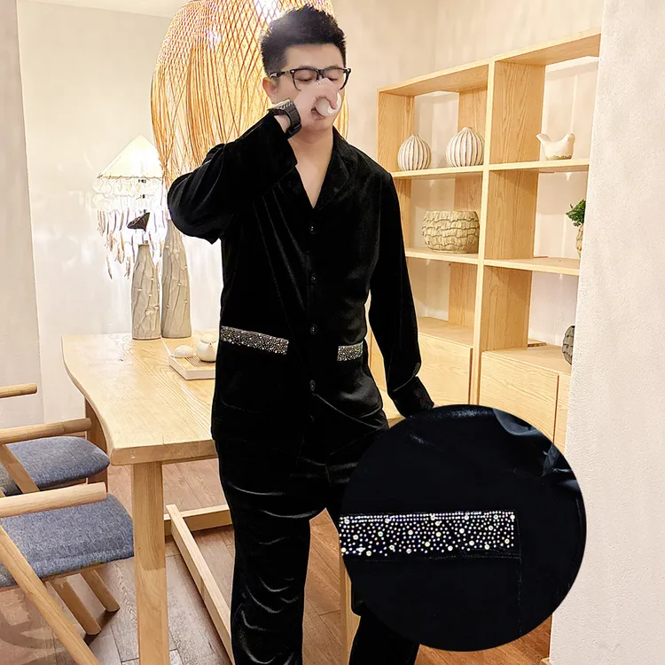 男士大码烫钻黑色金丝绒睡衣套装2025秋季高品质奢华高品质家居服