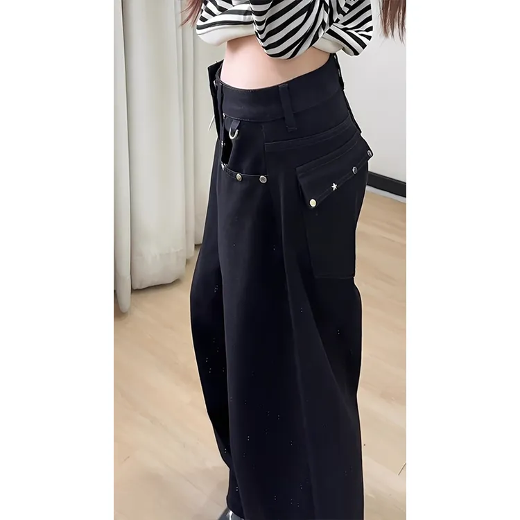 美式复古黑色铆钉牛仔裤女秋冬2025新款宽松阔腿拖地梧桐裤子