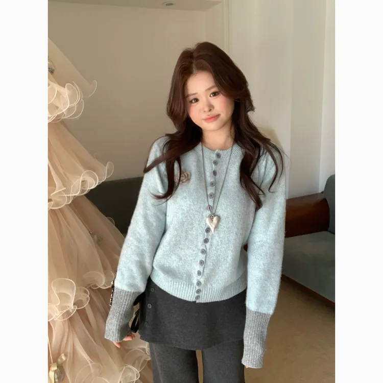 【晚风织梦】大头婷微胖定制巨好看圆领蓝色毛衣撞色设计长袖 ZX311