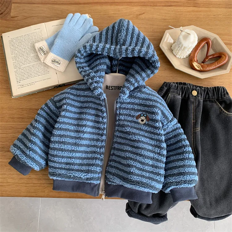 儿童毛毛外套冬季2025新款男童条纹毛绒宝宝可爱连帽外衣潮加绒