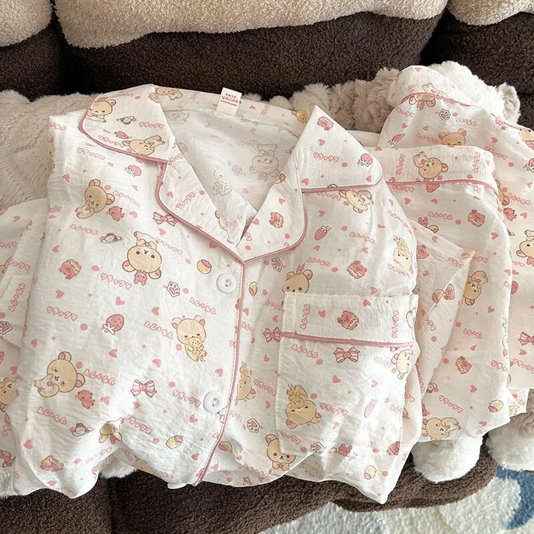 【到手三件】轻松熊睡衣女三件套短袖长裤可爱家居服套装可外穿夏天