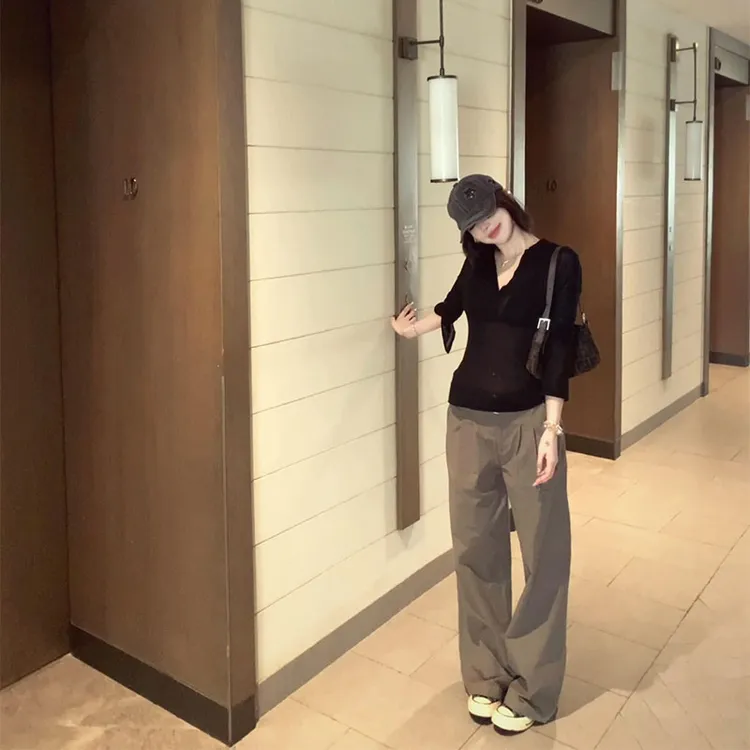 2025年夏季新款ins辣妹纯欲风薄款微透长袖上衣女配高腰显瘦长裤