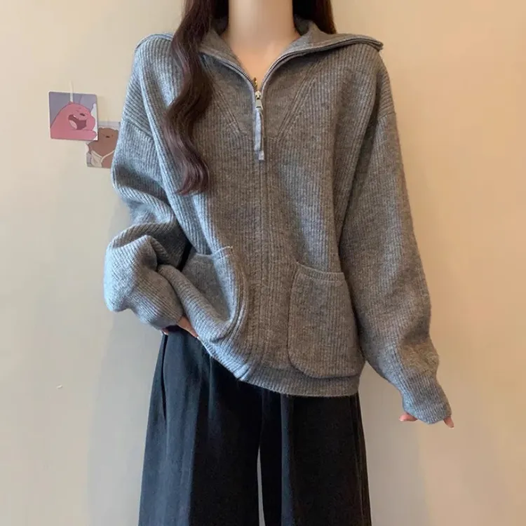 微胖妹妹大码拉链针织开衫翻领毛衣女装冬季加厚洋气减龄上衣外套