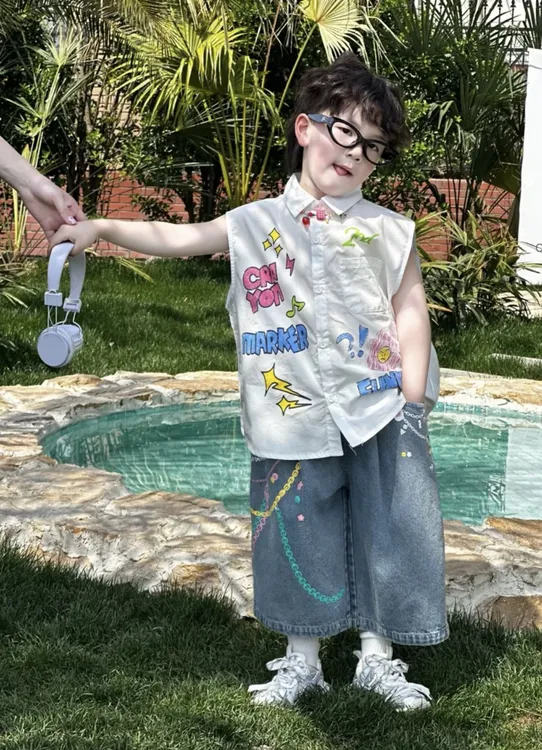 夏季新款韩版中性男女童休闲复古印花宽松衬衫牛仔裤儿童薄款套装