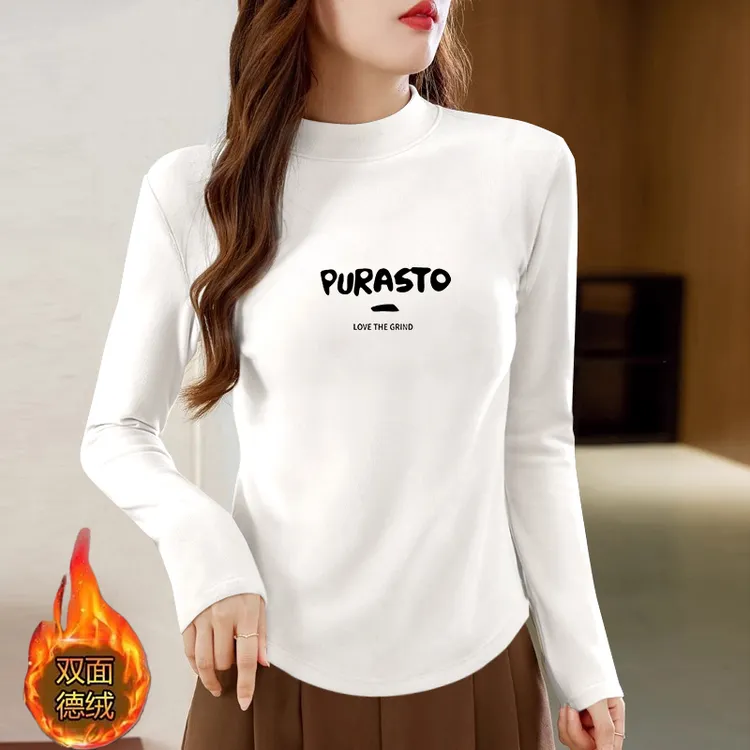 德绒半高领保暖打底衫女内搭秋冬2025新款弧形下摆加厚T恤衫上衣