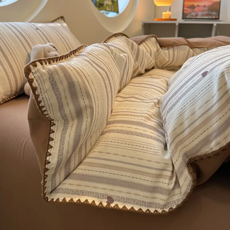 高级感贝壳边全棉磨毛四件套加厚纯棉被套床单三件套秋冬床上用品