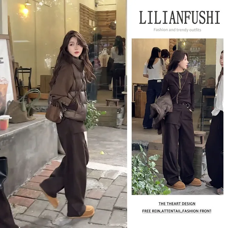 2025秋季新款设计感拼接立领外套修身长袖打底衫显瘦阔腿裤三件套