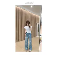 奈奈妮【腔调牛仔】窄版直筒牛仔裤女夏季新款设计感衣服百搭6819