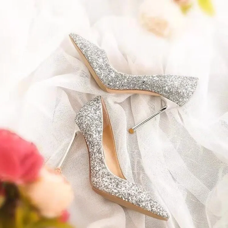 【清兰版】法式尖头细跟亮片水晶婚鞋结婚新娘婚纱宴会气质高跟鞋女