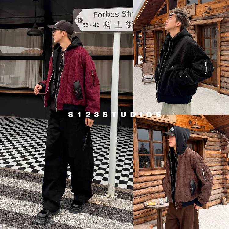 S123【锦绣玉影】美式复古拼接撞色假两件连帽夹克街头痞帅休闲外套