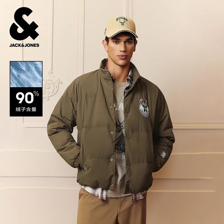 杰克琼斯NBA联名男装羽绒服冬季2025年新款贴布立领宽松保暖外套