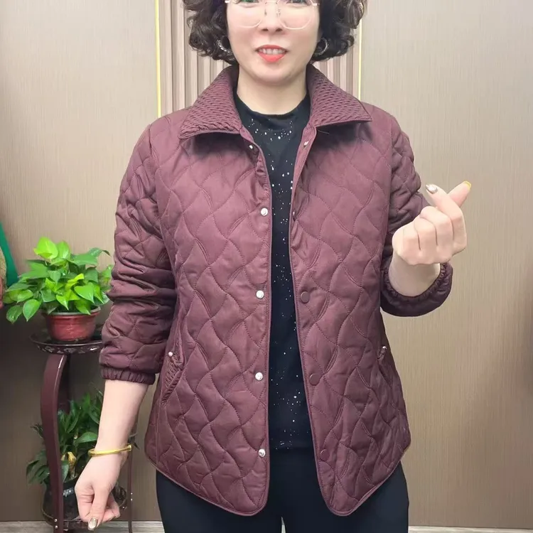 时尚妈妈装菱格翻领棉衣棉服女冬新款超好看夹棉薄外套女中年上衣