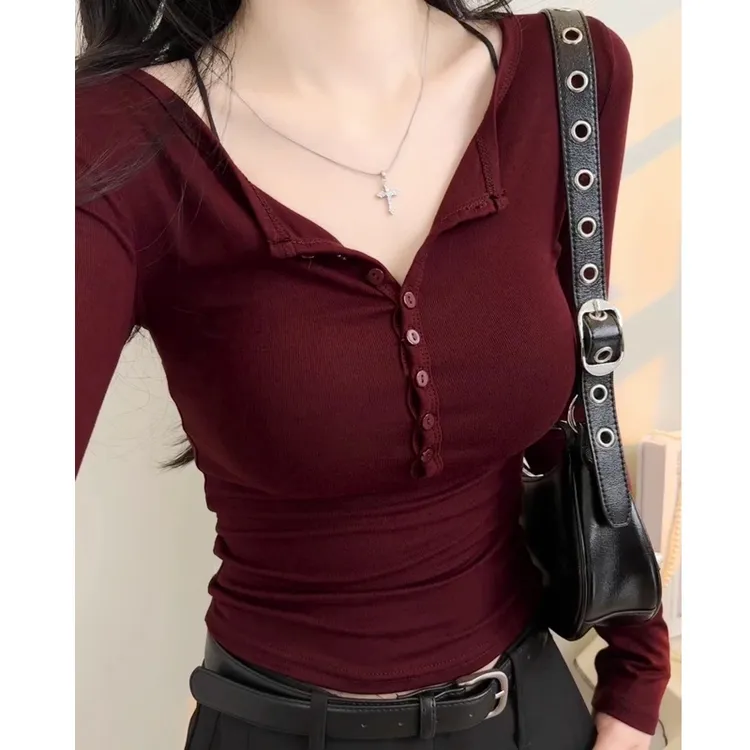 美式辣妹风修身T恤女秋季2025新款chic别致v领内搭打底衫长袖上衣